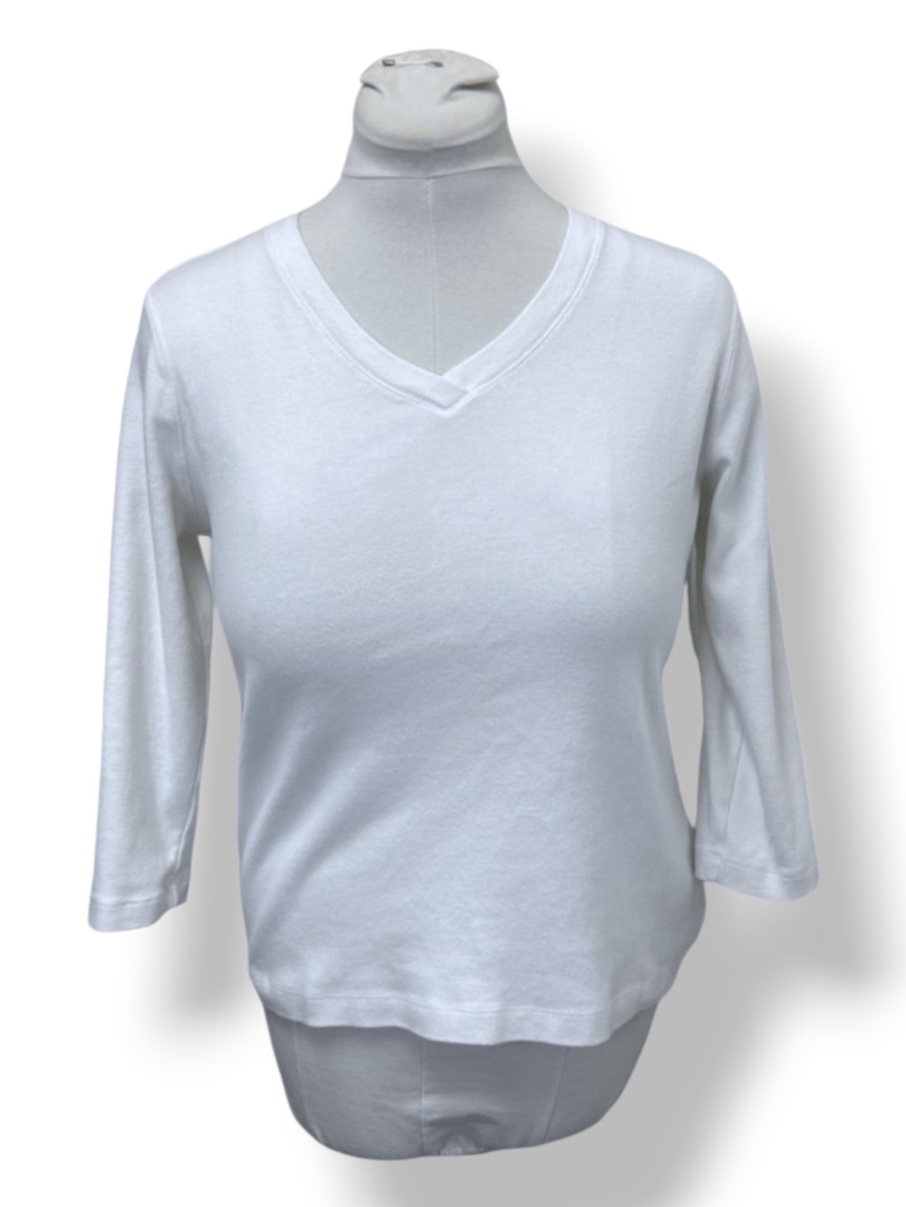 Kim Rogers Women’s 3/4 Sleeve V Neck Cotton Tee Classic Minimalist Cotton White